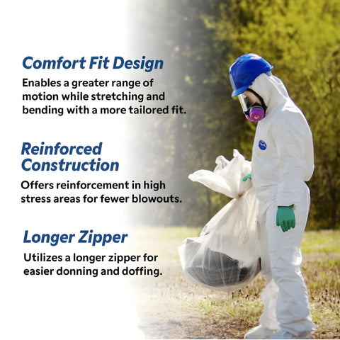 Person in Disposable Protective Coverall With Elastic Wrists And Ankles White 2X Large Bulk 25 Pack performing outdoor cleanup