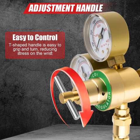 Dual gauge welding gas regulator with easy grip T-shaped adjustment handle for precise gas control.