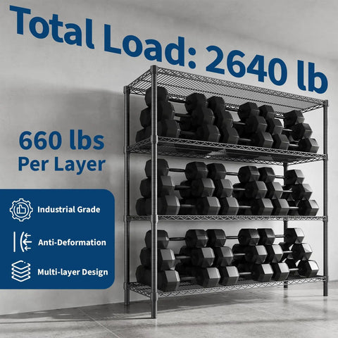 4 Tier Metal Shelving Unit Heavy Duty Wire Rack Storage Shelf Featuring 2640 Pound Capacity with dumbbells loaded.