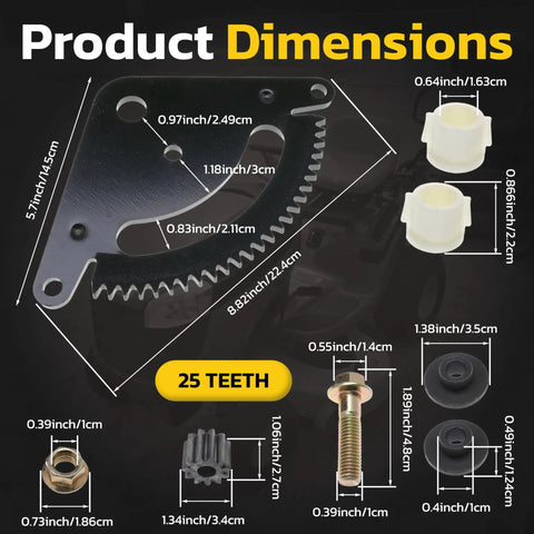 Product dimensions of Steering Sector Pinion Gear Repair Kit For John Deere Lawn Tractors with gear and bushings displayed