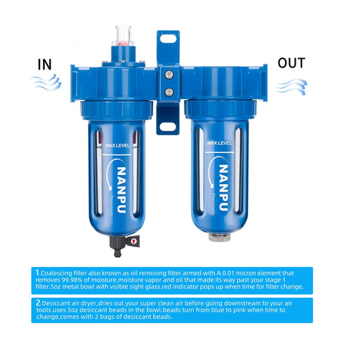 Pro Grade Coalescing Air Filter And Desiccant Dryer System With Poly Bowl, One Half Inch NPT, for Paint Spray and Plasma Cutter