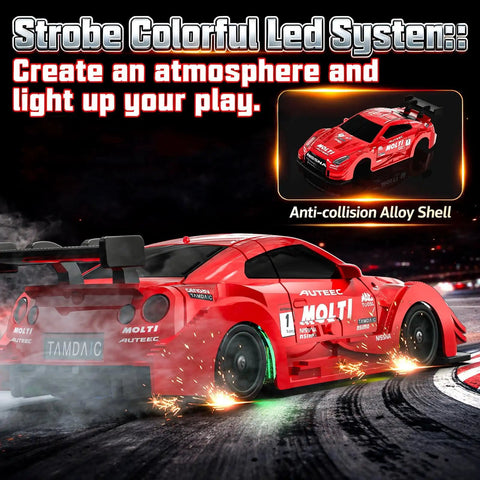 1 to 43 Scale Mini RC Drift Car With Gyro, Dope 2.4GHz full proportional steering and throttle, strobe LED lights, racing scene