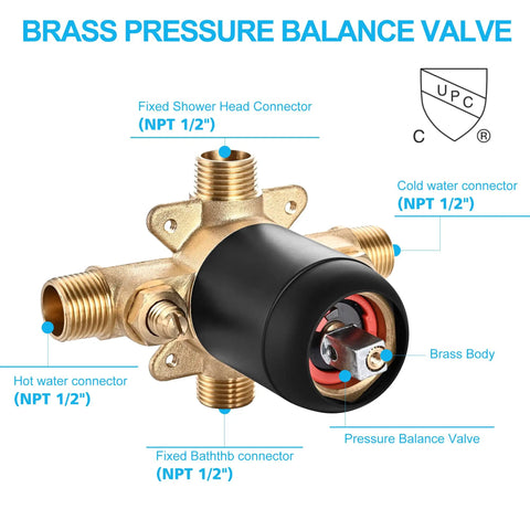 Brass pressure balance valve from Single-Handle Tub And Shower Faucet Set with labeled connectors and UPC certification
