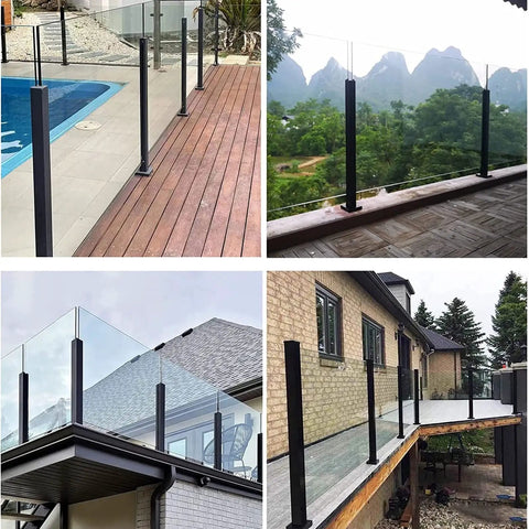 Level Up Your Outdoor Setup With This Game Changing Black Steel Glass Railing Kit Designed For Wide Decks And Covered Patios To Deliver Crisp Sight Lines And Simple Adjustable Height Mounting, showcasing various installations.