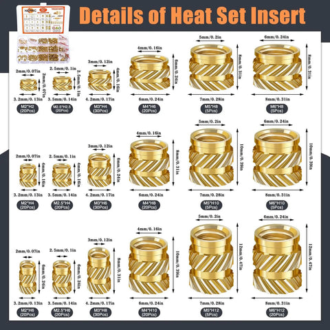 Threaded Inserts for Plastic Kit With Heat Set Inserts And Tips 300 M2 To M6 Brass Knurled Nuts Size Chart