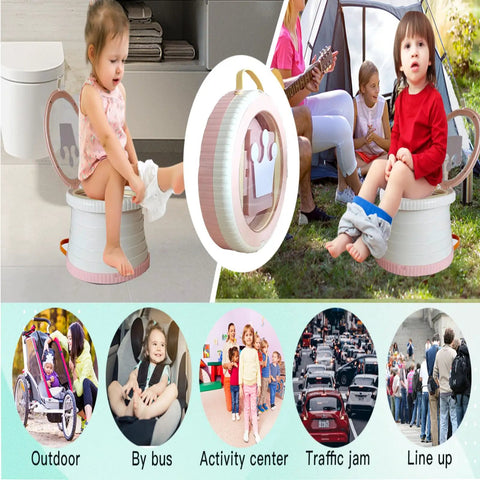 Lightweight Folding Toddler Potty Travel Seat With Leak Safe Disposal Bags Compact for kids in various settings like camping or daycare.