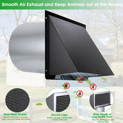 12 Inch Wall Vent Hood Exhaust Cap For Dryer Vent Cover With Screen And Damper shown with galvanized steel construction