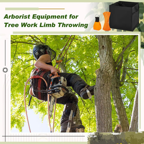 Arborist climbing tree with Pro Grade Arborist Throw Line Kit Bundle With 64L Storage Cube, 15 Oz Throw Weight Bag, 164 Ft Rope