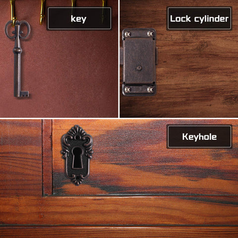 Two Pack Toggle Latch Cabinet Lock Kit with Keys, featuring key, lock cylinder, and keyhole on vintage wooden furniture.