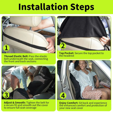 Installation steps showing how to fit Black Waterproof Sweat Towel Seat Cover Universal Non Slip Protector on car seat.