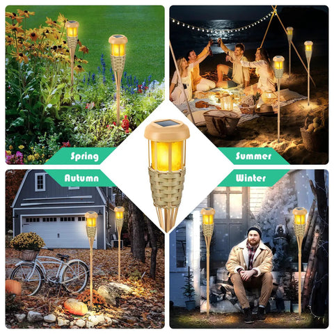 Seasonal scenes showcasing Solar Torch Lights with Realistic Flickering Flame for Patio Path Yard 8 Pack Outdoor Decor