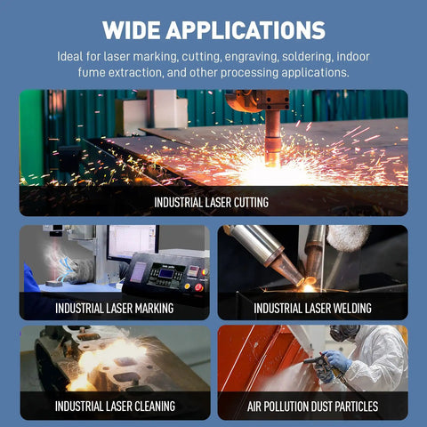 Wide applications of Heavy Duty Industrial Laser Fume Extractor With Badass 1200W Suction And Automatic Pulse Jet Cleaning for welding and cutting.