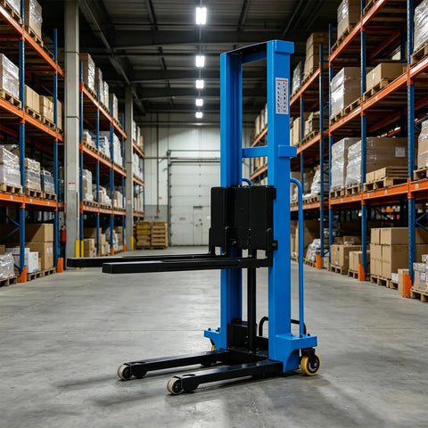 Heavy Duty Electric Portable Forklift Pallet Jack That Slides Heavy Loads Smoothly For Warehouse Stacking, Loading, Unloading And Daily Cargo Hauling In Factories Or Logistics Centers Like A Total Boss Machine in a warehouse aisle.