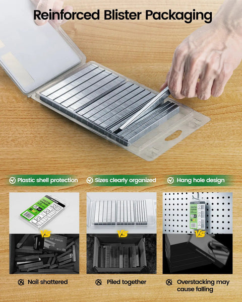 Reinforced blister packaging holding Heavy Duty T50 Staple Gun Staples 1/4 3/8 And 1/2 Inch Leg Galvanized Steel.