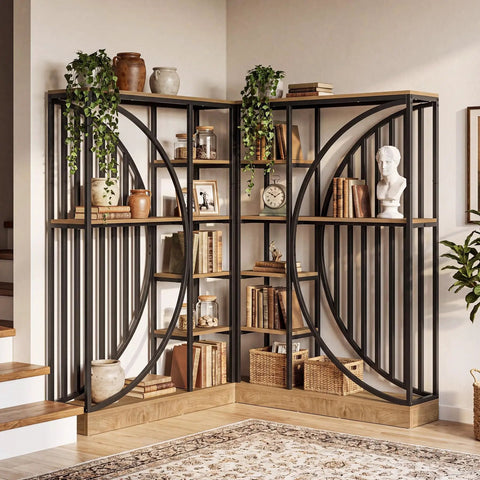 Dope Tall Industrial Bookshelf Set Of 2 With Reversible 5 Tier Shelves Freestanding Etagere Room Divider in living room corner