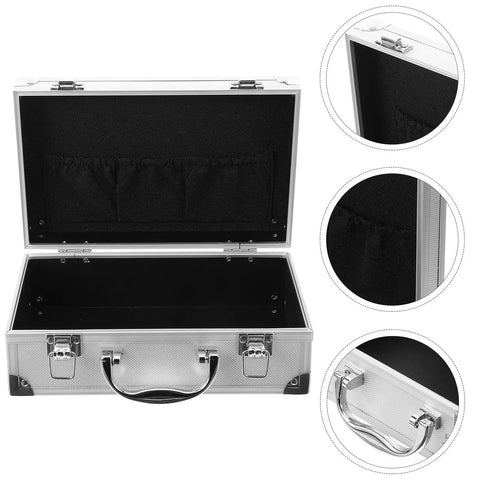 Hella Sturdy Aluminum Tool Case With Slick Carry Handle For General Hand Tools And Small Hardware Parts Sorting Organizer opened view with black interior and storage pockets.