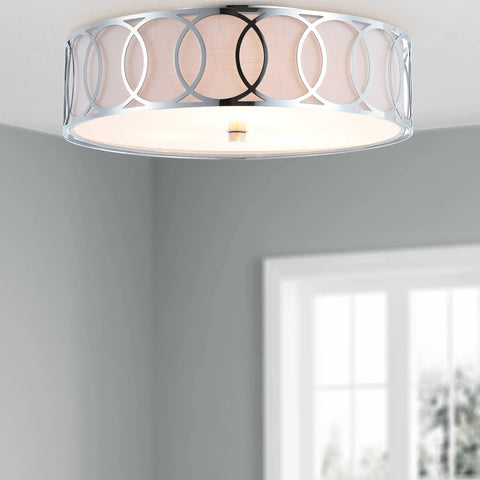 Dope Chrome Modern Metal LED Flush Mount Ceiling Light With White Linen Drum Shade And Geometric Fretwork for bedroom