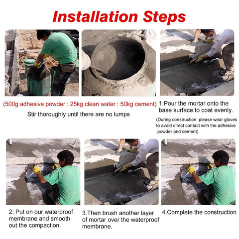 Installation steps for Rock Solid Waterproof Membrane Underlayment Roll, showing mixing and applying mortar.