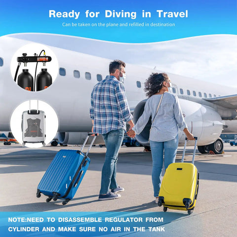 Traveling couple with suitcases at airport, featuring Twin 1.9L Scuba Tank Kit, 3.8L Portable Back-Mounted Dive Cylinder With S700MAX Regulator.