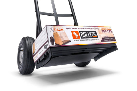 Built Tough Hand Truck Helper And Mini Storage Pallet Deck Made For Smooth Sailing On Concrete Floors With Serious Weight Carrying Power For Heavy Jobs Three Pack, showing durable plastic construction and 800 lb capacity.