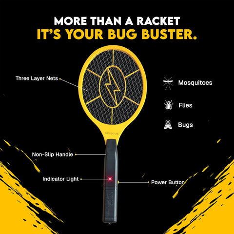 Two Pack Electric Fly Zapper Racket Battery Powered Bug Swatter For Indoor And Outdoor Pest Control Mosquito Killer Insect Catcher 44 Cm By 17 Cm 3 Layer Mesh Requires 2X AA Batteries Each Not Included, showing yellow racket with three layer mesh, power button, indicator light, and non-slip handle.