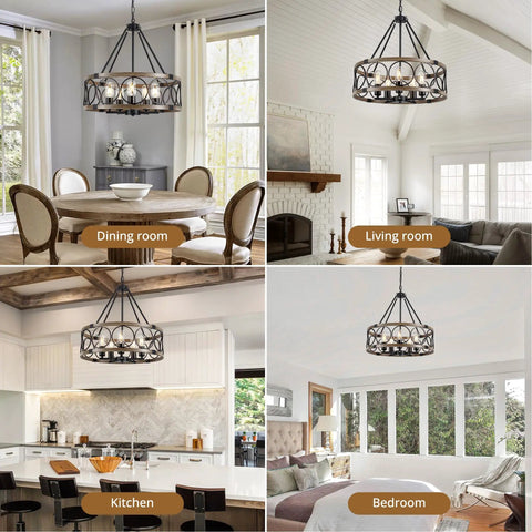 Black Six Light Chandelier For Modern Farmhouse Style Rustic Industrial Dining Room Light Fixture With Adjustable Height Perfect For Kitchen Living Room Bedroom And Foyer To Level Up Your Home hanging in various rooms.