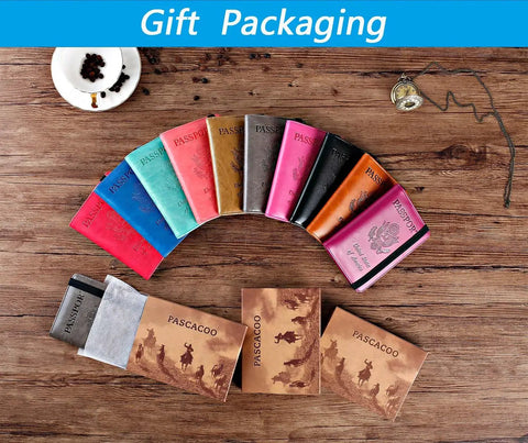 Assorted colors of Passport Holder Wallet With RFID Blocking Leather Card Case For Travel Essentials shown with gift packaging