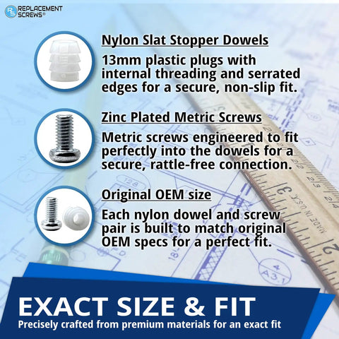 Nylon Slat Stopper Dowels and Zinc Plated Screws for secure fit, Rugged Bed Slat Holders With Heavy Duty Screws For IKEA Malm And Hemnes Frames Durable Nylon Dowels Zero Fuss Installation Hella Secure Replacement Kit For Bedroom Furniture Fixes.