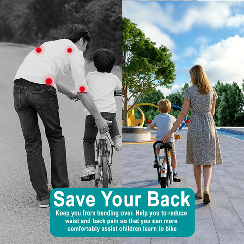 Demonstration of Kids Bike Trainer Handle for Learning to Ride, Extended 21 to 30 Inch Balance Push Bar in use with parents and child.