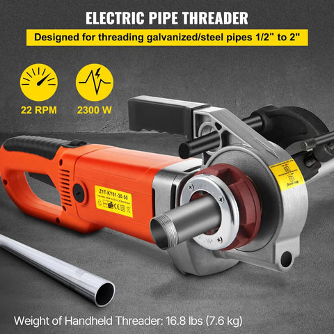 Powerful 2300W Pipe Threader For Half To Two Inch Pipes With 6 Dies And 110V Handheld Electric Threading Machine Copper Motor 22 RPM No Load Speed Portable Kit With Carrying Case By VEVOR displayed with pipe and threading machine