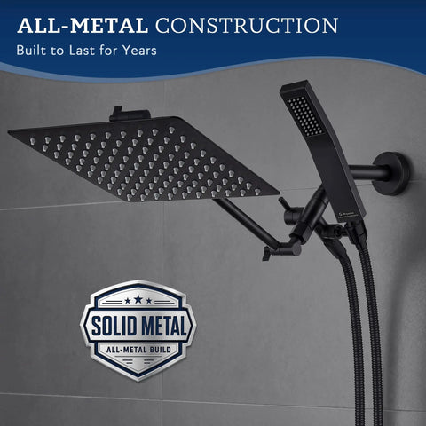 All Metal 8 Inch Dual Square Shower Head And Handheld Spray Combo With Rain Mode 71 Inch Hose 3 Way Diverter Matte Black