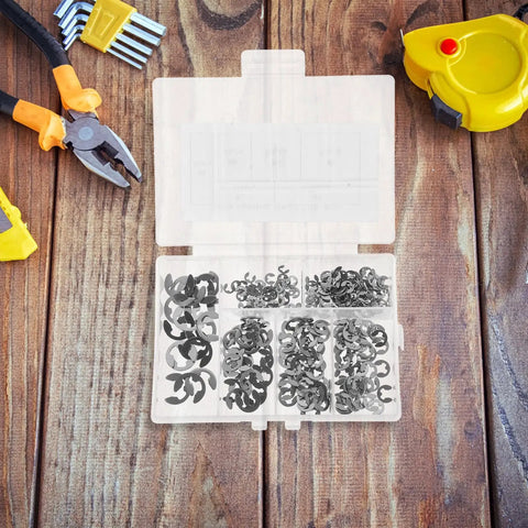 Beefy Stainless Steel E Shaped Retaining Ring Circlip Kit With 300 Pcs in clear case on wooden table with tools