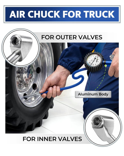 Heavy Duty Tire Inflator With Gauge And Extra Long Hose Pro Grade Air Chuck 100 PSI Range And Accurate To Two Percent Easy Read Dial for cars, trucks, SUVs, close-up view