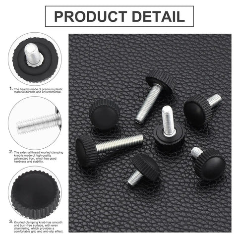 Close-up of 70 Piece M5 Thumb Screw Kit with knurled grips and carbon threaded mounting screws on black textured surface.