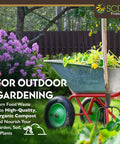 Organic compost in wheelbarrow with SCD Probiotics sign, surrounded by garden, suitable for Bokashi composting.