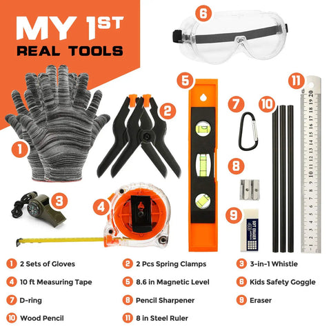 18 Piece Kid Friendly Tool Set With Reinforced Belt And Adjustable Waist 20 To 32 Inches Real Hand Tools Kit For Home DIY Building And Woodworking Includes Hammer Screwdrivers Pliers Magnetic Level Ruler Tape Measure Pencils And Eraser layout with gloves, goggles, tape measure, and tools.