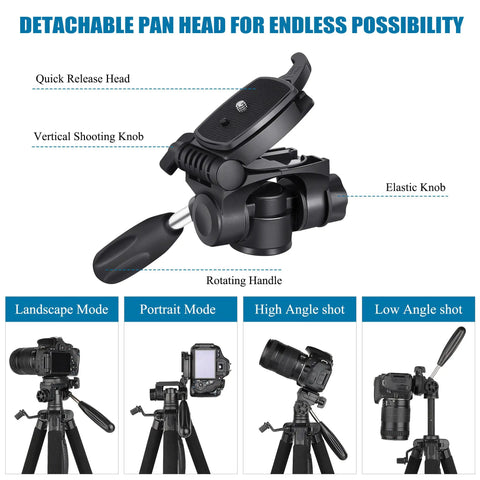 Image showing detachable pan head and shooting modes of 74 Inch Aluminum Camera Tripod For Cameras And Phones Pro Grade Stand