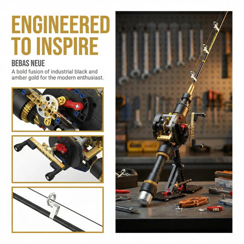 Fishing Rod Building Block Set 589 Plus Pieces Compatible With LEGO STEM Building Toys for Kids and Adults hands-on craft project image with assembled model on workbench, showing intricate gear details and reel.