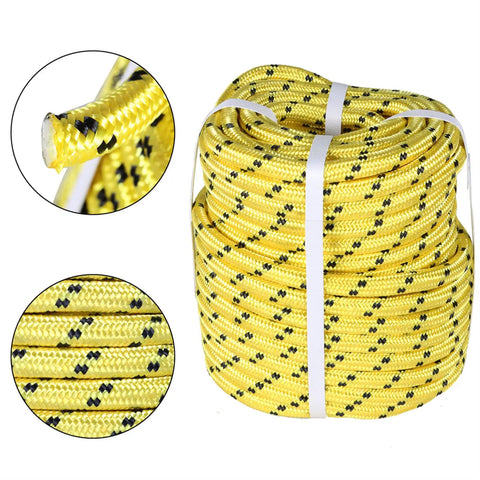 Half Inch 200 Foot Arborist Bull Rope Double Braid Polyester Rigging Hoisting Line High Strength Tree Rope Yellow And Black Designed For Low Stretch Smooth Surface No Burr And Safer Hoisting And Quick Rigging In Tough Worksites, coiled view.