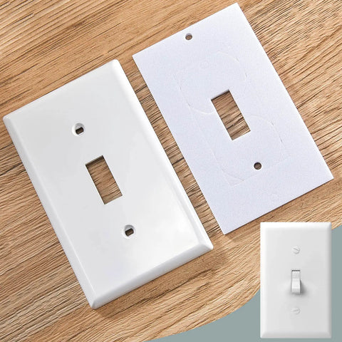Universal Foam Outlet Insulation Pads And Draft Sealer Gaskets For Electrical Outlets And Light Switch Covers 30 Pcs White EVA Foam Cut To Fit 2.5 X 4 Inches DIY Friendly Lightweight Weatherproof Wall Seal shown with light switch cover