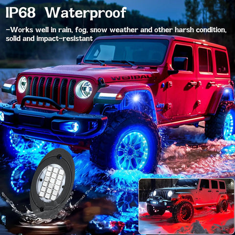 Red Jeep with 4 Pod RGB LED Rock Lights Underglow Kit With Multicolor Neon Glow App Control And Music Mode on off-road terrain