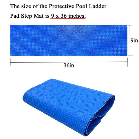 Blue 36 Inch By 9 Inch Non Slip Pool Ladder Pad Mat With Protective Cushion Between Ladder Base And Pool Liner shown in rolled and flat view.