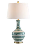 Green and white striped ceramic table lamp with gold base and white linen shade, 30.5 inches tall, modern coastal design