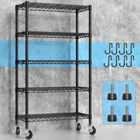 Heavy Duty 5 Tier Wire Shelving Unit With Beefy Rolling Casters Adjustable Black Metal Storage Rack NSF Certified 1900 Lbs Capacity 36 By 14 By 72 Inches with hooks and leveling feet.