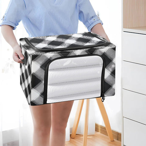 Woman holding Totally Slick Foldable Storage Bin With Clear Vinyl Window And Reinforced Steel Frame Dual Zippered Openings For Hassle Free Access Checkered Pattern Collapsible Closet Organizing Crate.