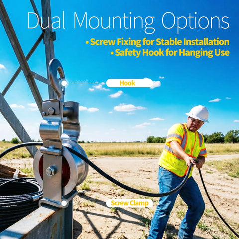 Beefy Heavy Duty Cable Pulley with Dual Mounting Options for Wire Pulling and 1500MCM Cables, utility worker operating outdoors