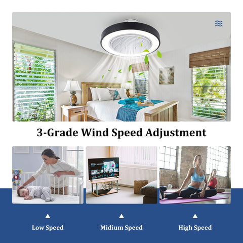 20 Inch Black Ceiling Fan With Light, Low Profile Flush Mount, Remote Control, 3-Color Dimmable Light, 3-Speed Wind