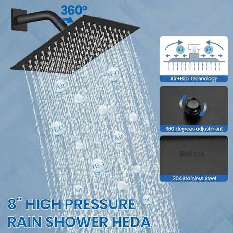 Top Shelf 8 Inch Square Rainfall Shower Head And Matte Black Faucet Set With Tub Spout, Wall Mount Bath Kit Featuring Built Right Design And Easy Swap Fit with 360 degree adjustable high pressure nozzle.