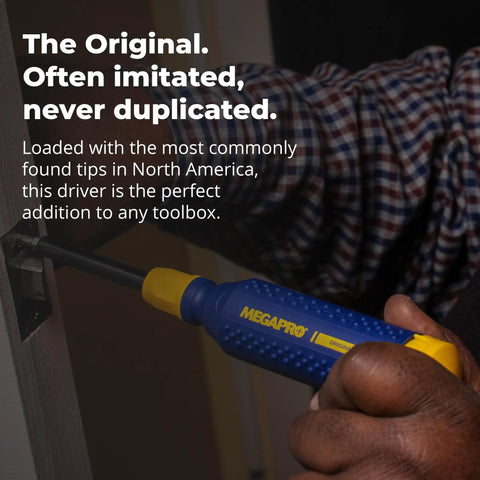 15 In 1 Multi-Bit Screwdriver With Retractable Bit Cartridge, 14 Double-Ended Tips, shown in use for door hardware.