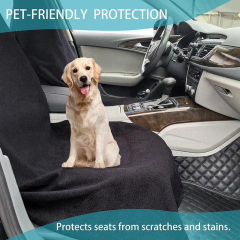 Golden retriever on Universal Front Seat Protector Covers Waterproof And Sweatproof Non Slip Washable Towel Seat Covers For Cars Trucks And Jeeps 2 Pack Black Ideal For Gym Workouts Beach Trips Rain And Sweat